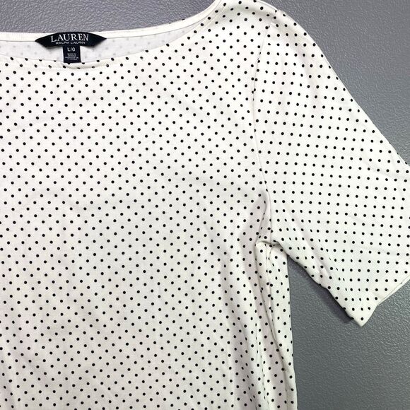 LRL Ralph Lauren Blouse Polka Dot Short Sleeve Pullover Stretch Womens Size L - Picture 1 of 9